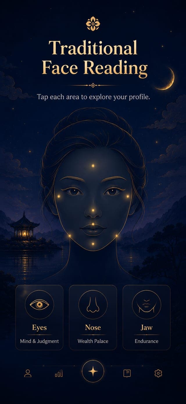 Master Han face reading screen — tap each facial area to see what the eyes, nose and jaw are read as