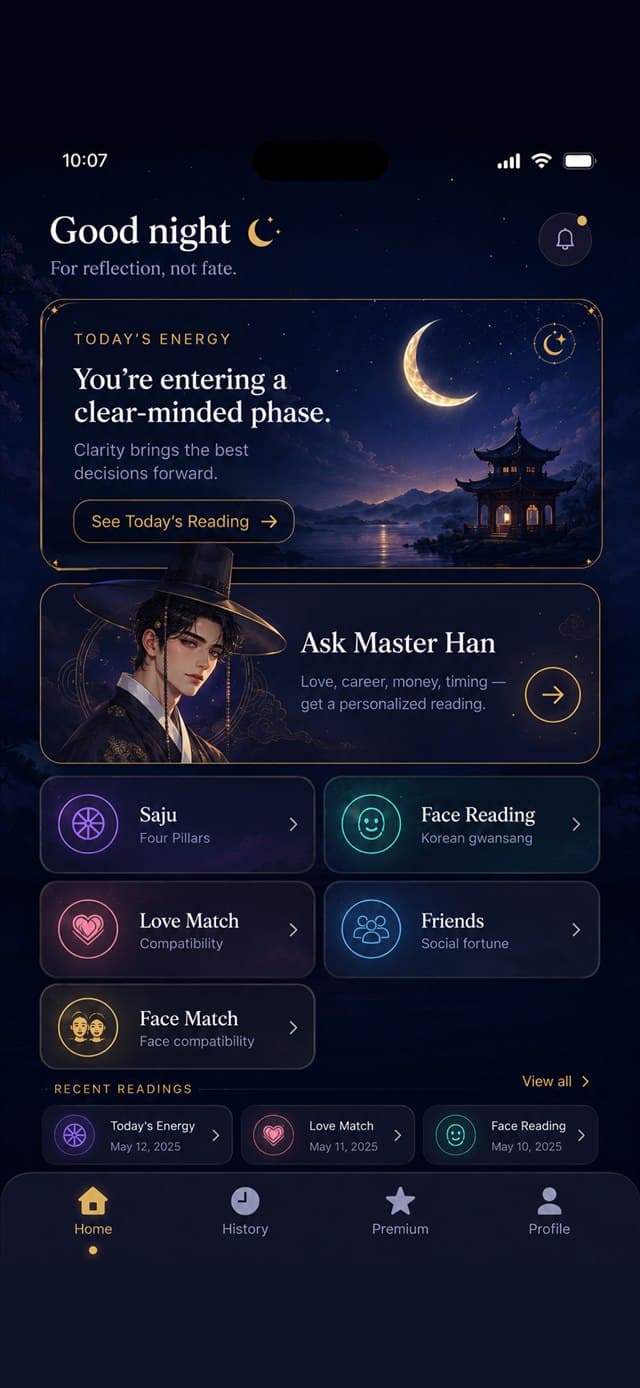 Master Han home screen — today's energy, Ask Master Han, and menus for Saju, face reading and compatibility